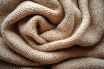 Fototapeta premium Swirled beige knitted fabric texture close-up.