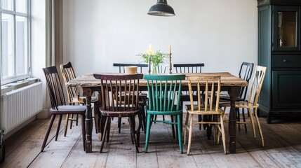 Mismatched chairs create a cozy dining area featuring a rustic wooden table and soft natural lighting