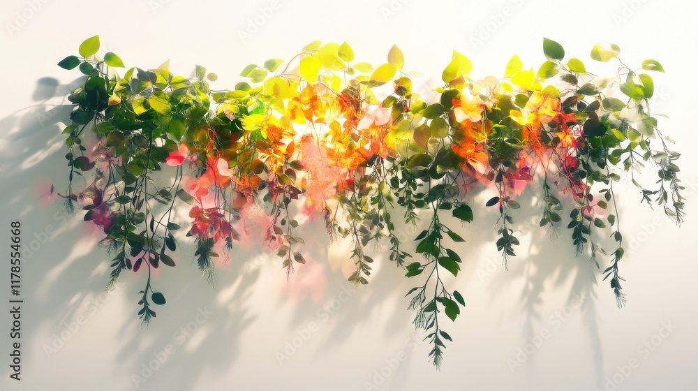 Poster creative double exposure of cascading garlands and glowing spring leaves in an artistic composition 