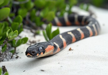 Close-up of a Colorful Snake on the Shoreline Surrounded by Green Vegetation in a Natural Setting Captured on a Bright Sunny Day