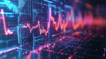 Vibrant Data Visualization with Digital Waveform Patterns. This image showcases digital data visualization featuring colorful waveforms and grid patterns ideal for tech and data analytics presentation