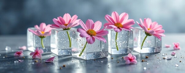 Delicate flowers in ice cubes on a gray background, flowers, frozen
