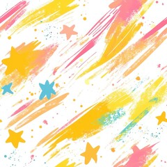 Vibrant doodle watercolor pattern featuring shooting stars in soft pastels of yellow, pink, and orange