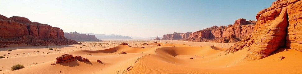 Desert wasteland with twisted rock formations, sand dunes, twisted