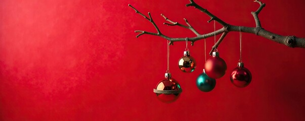 Colorful glass balls and baubles adorn a bare branch against red wall, boughs, red, branches