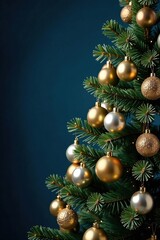 Gold and silver ornaments adorn a stunning elegant Christmas tree against a dark blue background, decorations, holiday,