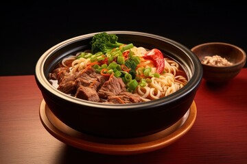 Soup bowl noodle meat.