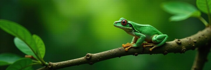Green amphibian stretching towards a slender branch, amphibian, arboreal