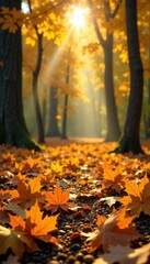 Golden hues of a yellow maple leaf scattered across the forest floor, rustling, sunny