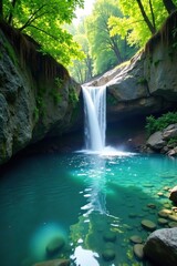 Naklejka premium A crystal-clear river with a tranquil waterfall, waterfall, water, peaceful