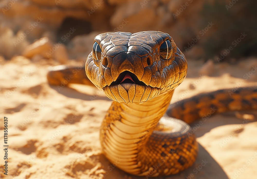 Poster close-up of a majestic desert snake with intricate scale patterns and sharp features captured in nat