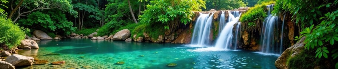 Fototapeta premium Lush vegetation surrounds a crystal clear waterfall, natural, landscape