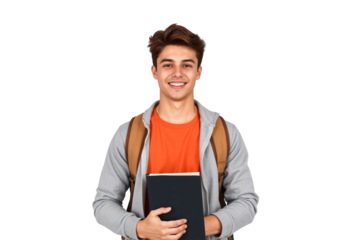 Smiling young male student holding books with a backpack, isolated on transparent background