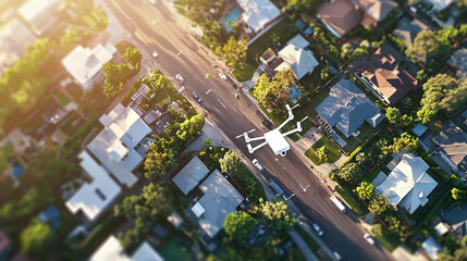 Drone flying over the city. 3d rendering toned image