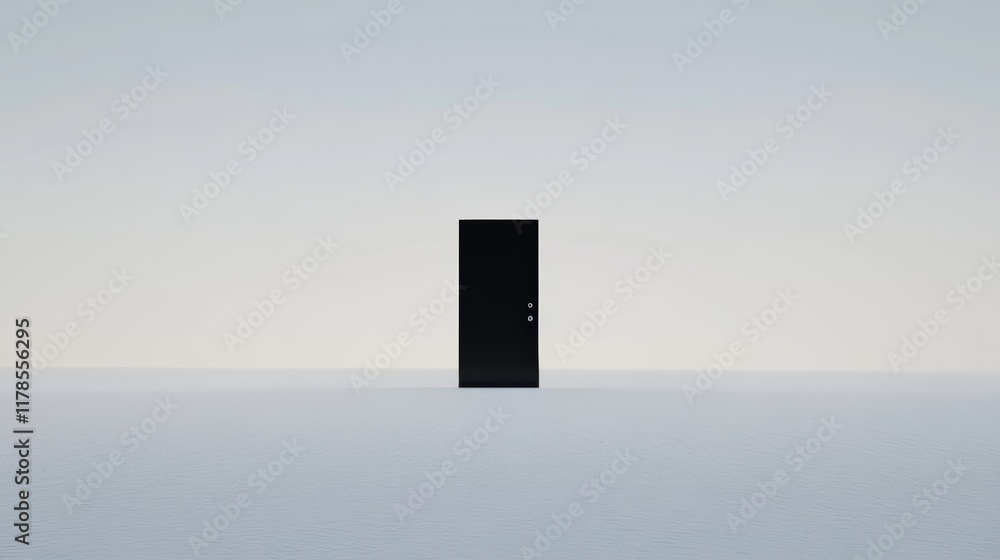 Poster a solitary black door stands in a vast, empty space with a soft gradient background, creating a mini