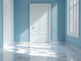 Sunlit room with white door and marble floor