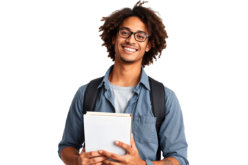 Young handsome student holding books with a backpack, wearing a glasses, isolated on transparent background