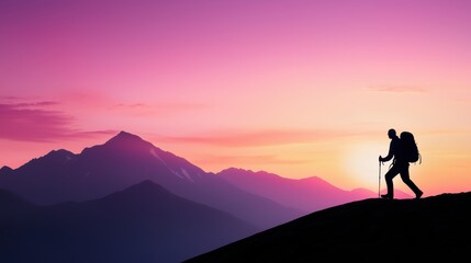 A lone hiker silhouetted against the dramatic silhouette of a mountain range as the sun rises behind it, casting long shadows across the valley below and illuminating the sky with warm colors.