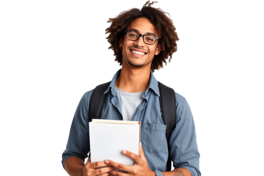 Young handsome student holding books with a backpack, wearing a glasses, isolated on transparent background