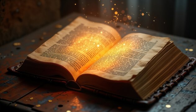 Ancient leather-bound bible open to Genesis. Golden text gleams under ethereal light illuminating weathered parchment. Mystical aura surrounds pages. Book on dark wooden surface. Illuminated