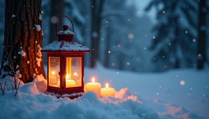 Flickering lanterns and candles cast a warm glow, candles, snow-covered woods, snowflakes falling