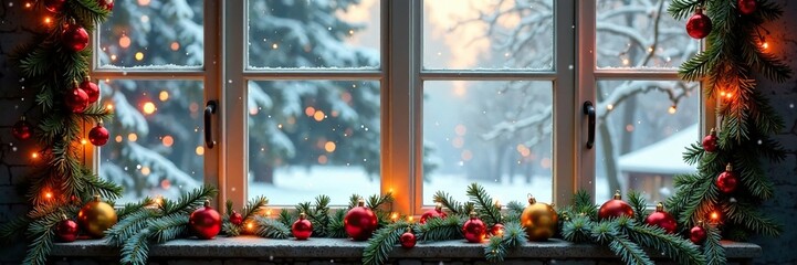 Garlands of colorful ornaments draped across a snowy windowpane, decorative accents, greenery, garland