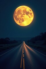 Full moon casting an eerie glow over a deserted road, glowing moonlight, empty highway