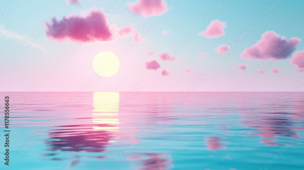 Poster sunrise over a tranquil ocean with calm waters reflecting the vibrant colors of the sky, creating a 