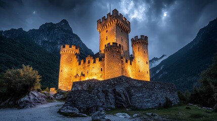 Fototapeta premium Dramatic viewpoint of a majestic castle illuminated architectural wonder in a mountainous night landscape