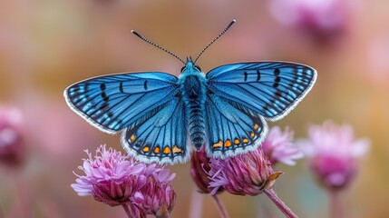 Obraz premium A vibrant blue butterfly perched on pink flowers in a natural setting.