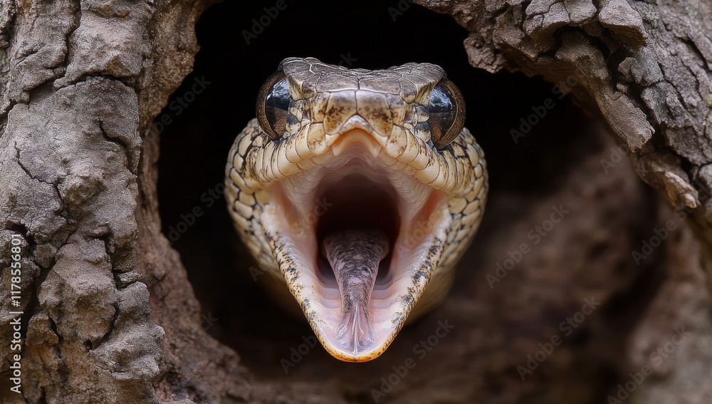 Poster close-up of a snake emerging from a tree hollow with an open mouth, showcasing intricate scales and 