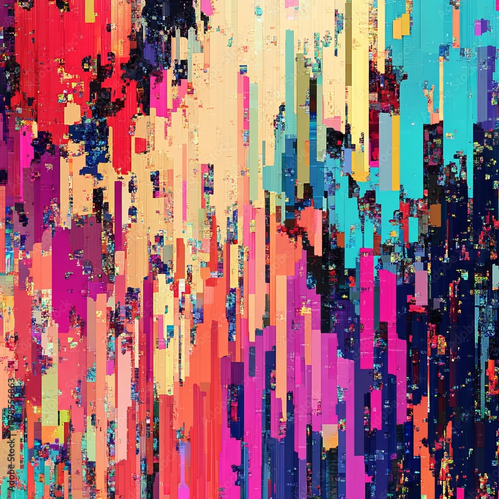 Poster a dynamic abstract digital artwork featuring vibrant vertical stripes and geometric patterns in a mo