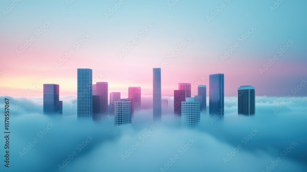 Poster a cityscape partially obscured by fog, with the tops of skyscrapers and taller buildings piercing th