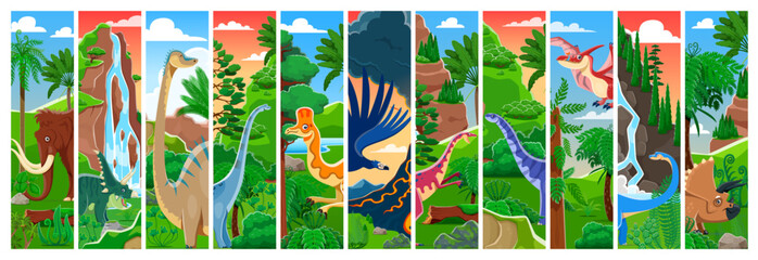 Prehistoric dinosaurs collage at jungle forest landscape vector background. Cartoon jurassic dino characters of prehistoric reptiles and birds, cute mammoth, pteranodon, triceratops and diplodocus © Vector Tradition