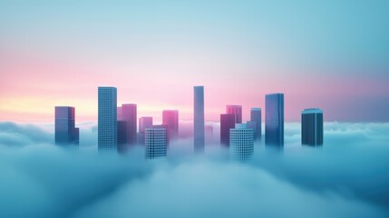 Fototapeta premium A cityscape partially obscured by fog, with the tops of skyscrapers and taller buildings piercing through the mist and catching the first rays of sunlight, creating a surreal and atmospheric scene.