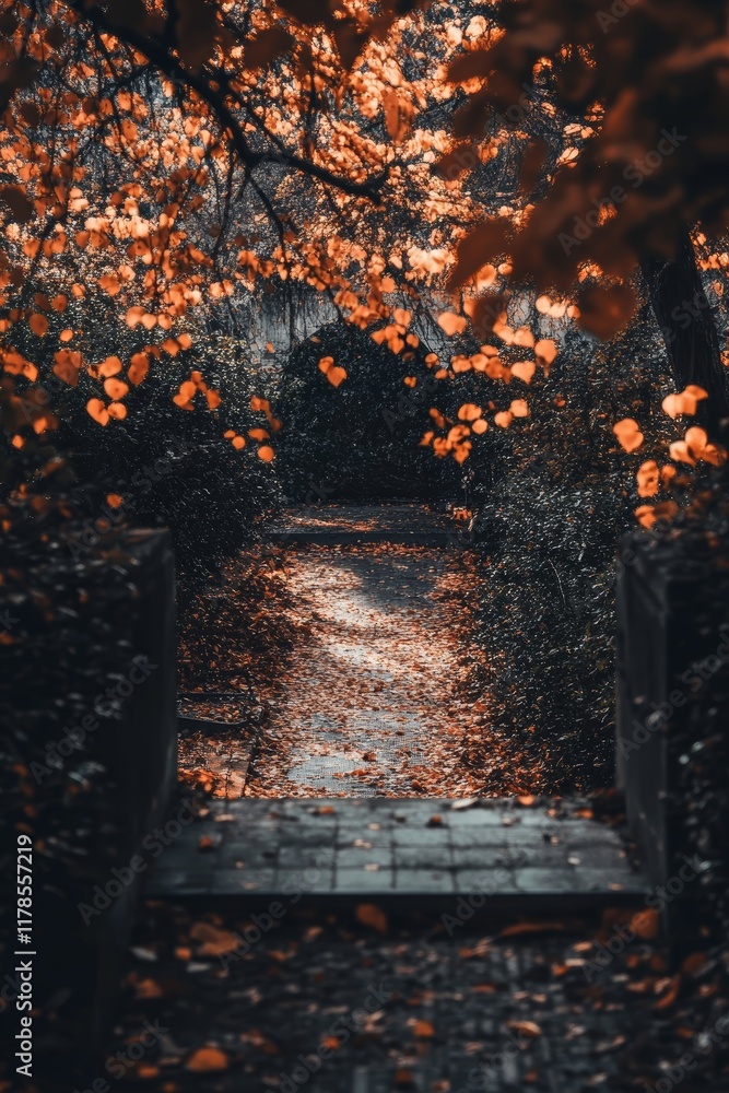 Wall mural A path with leaves on the ground. The leaves are orange. The path is in a forest