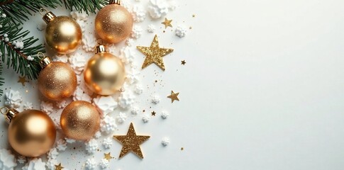 Fototapeta premium Glittering golden ornaments scattered on a snowy white background, festive, ornament, shine
