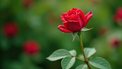 Fototapeta premium Single red rose in full bloom on a leafy stem, garden, photography, detail