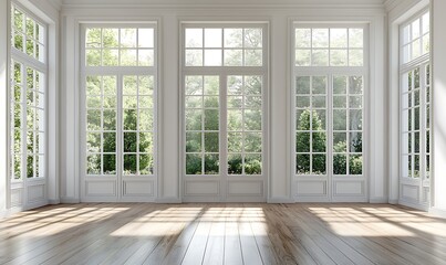 Fototapeta premium Sunlit, empty room, wood floor, large windows, white walls