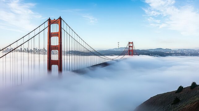 Golden gate bridge shrouded in morning fog san francisco landscape photography serene atmosphere elevated viewpoint