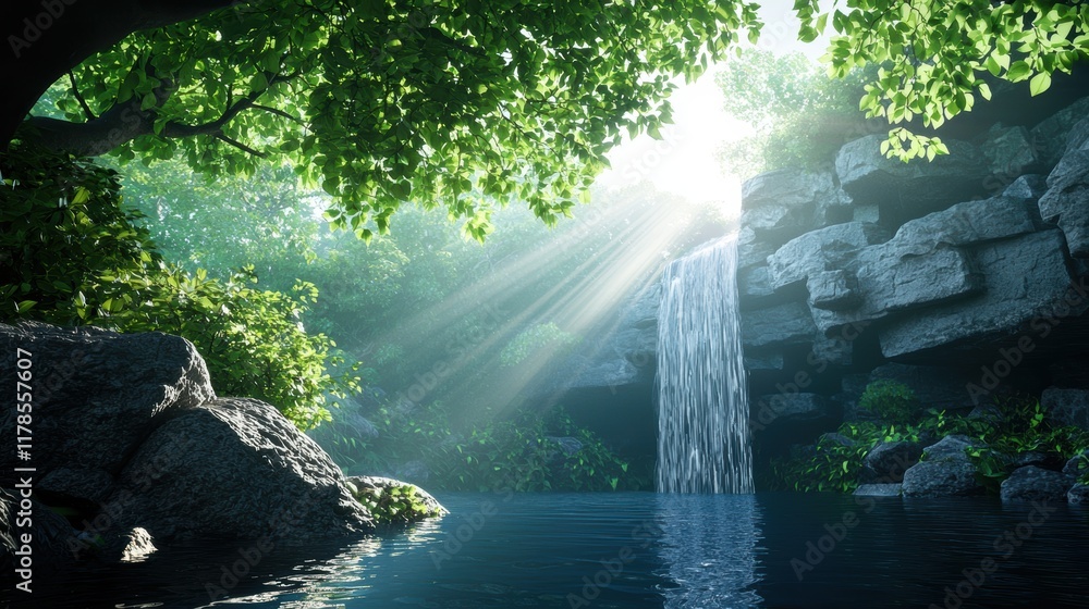 Poster sunrise over a waterfall cascading into a pool of water, with the sun rays creating rainbows in the 