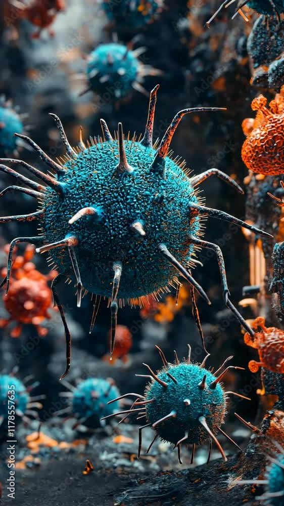 Poster microscopic view of colorful viruses in a cellular environment showcasing intricate structures and t