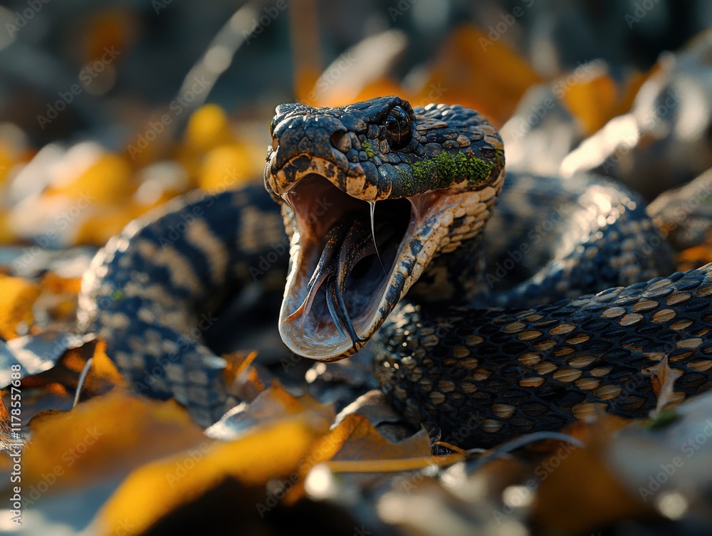 Poster close-up of a venomous snake in autumn leaves with a distinct open mouth capturing the intricacies o