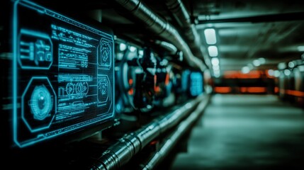 Obraz premium Futuristic Sci Fi Corridor Neon Blue Digital Panels Metallic Pipes Technology