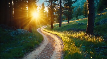 Fototapeta premium A path or road winding through a forest, with the rising sun casting warm light through the trees and creating a sense of mystery and adventure.