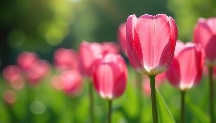 Delicate pink tulips swaying gently in the breeze, garden, nature, delicate