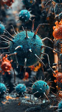 Microscopic view of colorful viruses in a cellular environment showcasing intricate structures and textures