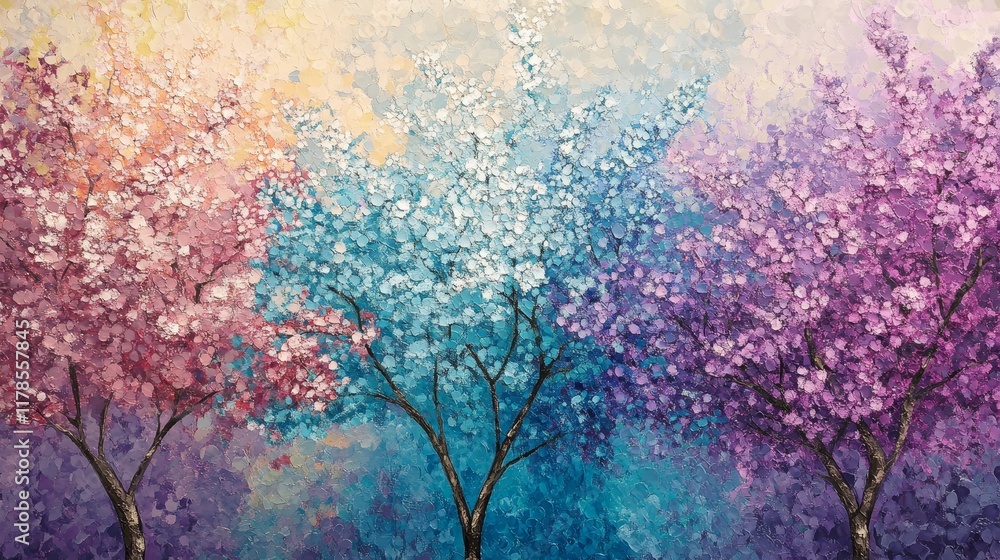 Poster abstract painting featuring colorful trees with textured brushstrokes, showcasing a vibrant and dyna