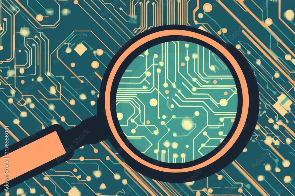 Aufkleber a magnifying glass highlighting intricate circuit board patterns, symbolizing technology, innovation