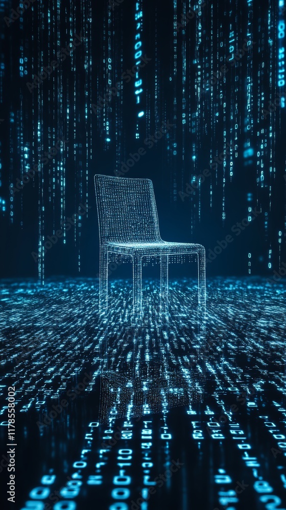 Poster floating chair made of binary code hovers above a digital matrix in a futuristic abstract environmen